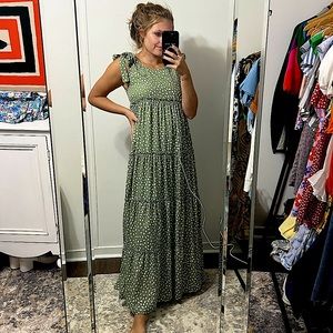 Green and White Maxi Dress with Shoulder Tie Detail